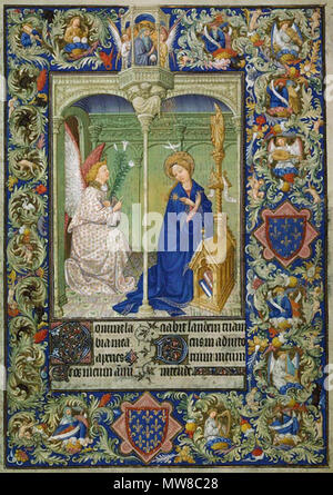 . "L'Annunciazione" pagina dal Belles Heures di Jean di Francia, il Duca di Berry, Francese. Inchiostro, tempera e foglia oro su pergamena; 9 3/8 x 6 5/8 in. (23,8 x 16,8 cm), i Chiostri Raccolta, 1954 (54.1.1). il Metropolitan Museum of Art . 1406-8 o 1409.. Pol, Jean e Herman de Limbourg (Franco-Netherlandish, attiva in Francia, dal 1399-1416) 79 Belles heures jean Duc de berry annunciazione Foto Stock