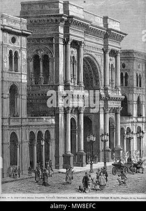 . Italiano: Antonio Bonamore (1845-1907), 'Milano, il grand'arco della Galleria Vittorio Emanuele, ultima opera dell'ing. Giuseppe Mengoni'. Incisione tratta da fonte ignota; dopo il 1870. Inglese: Antonio Bonamore (1845-1907) - 'Milan, l' arco di trionfo della Galleria Vittorio Emanuele". Pubblicazione sconosciuta, dopo o intorno al 1870. . Dopo il 1870. Antonio Bonamore (1845-1907). 90 Bonamore, Antonio (1845-1907) - Milano, il grand'arco della Galleria Vittorio Emanuale (ca. 1870) Foto Stock