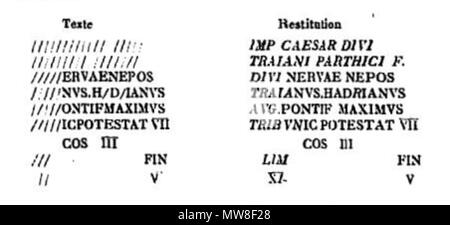 . Français : Lecture et restituzione par François Eygun de la borne milliaire trouvée à une cinquantaine de mètres de la Gare des tramways de Cenon, en 1928. La CIL XVII2, 00441 = 00474 ILTG sur Epigraphik-Datenbank Clauss-Slaby Latina: [Imp(erator) Cesare divi] / [Traiani P]ar[thici f(ilius)] / [divi N]ervae nepos / [Trai]ano Hadrianus / [aug(ustus)] ponti(fex) maximus / [tribu]nic(ia) potestat(e) VII / co(n)s(UL) III / [Lim(ono)] / [XI] // fin(ibus) / V . 3 marzo 2013, 11:37:21. François Eygun 93 Borne milliaire de la Gare des tramways de Cenon Foto Stock