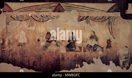 . Il Gakjeochong (각저총) murale, una delle tombe Goguryeo mostra che un cavaliere armato beve un tè insieme con due signore all'interno. 56세기경. Sconosciuto 248 Goguryeo-Gakjeochong-vita interiore Foto Stock