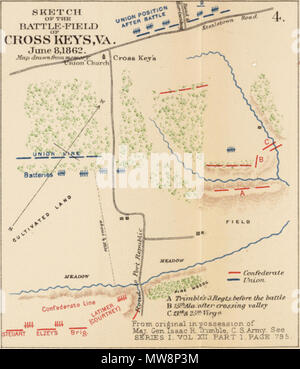 . Nederlands: schizzo del campo di battaglia di Cross Keys, Virginia, Giugno 8, 1862. ... Julius Bien & Co., Lith., N.Y. (1891-1895) . 1895 (29 novembre 2009 (originale data di caricamento). Stati Uniti. Dipartimento di guerra. Uploader originale era Johnfc presso nl.wikipedia 75 Battaglia di Cross Keys Foto Stock