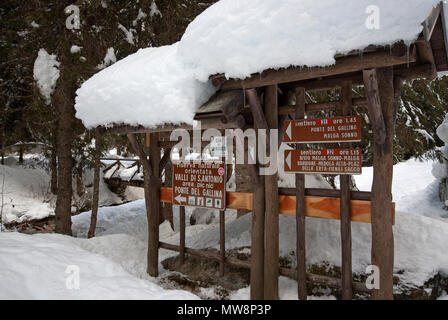 Segni di percorso in Val Brandet, Valli di Sant'Antonio (Sant Antonio valli), Alpi Orobie, Lombardia, Italia Foto Stock