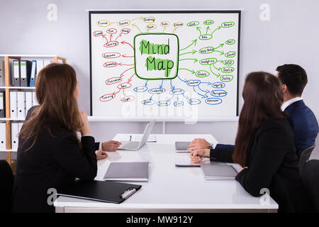 Gruppo di imprenditori guardando la mente Mappa grafico sul proiettore Foto Stock