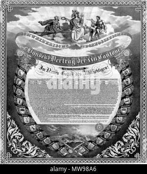 . Deutsch: Der Bundesvertrag vom 7. Agosto 1815 zwischen den Kantonen 22 der Schweiz, die staatliche Grundlage der schweizerischen Eidgenossenschaft zwischen 1815 und 1848. Rund um die Vertragsbestimmungen die Wappen der 22 Kantone mit den alten Wappen von Neuenburg und Grigioni . Xix secolo. caricare da sidonius 15:48, 9 gennaio 2007 (UTC) 84 Bild Bundesvertrag 1815 Foto Stock