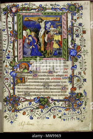 . Inglese: miniatura della Crocifissione, con un'iscrizione di seguito la lettura " Elisabetta quene', ulteriori 50001, f. 22 . Il 12 novembre 2011. Scriba medievale e illuminatore 86 BL MS aggiungere 50001 Foto Stock