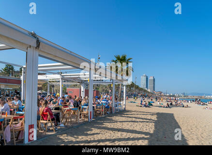 Spiaggia di Barcellona. Il Beach bar sulla Platja de Sant Miquel, La Barceloneta, Barcellona, Spagna Foto Stock