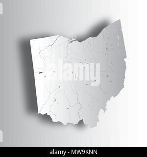 Stati Uniti - Mappa di Ohio con carta effetto di taglio. Fatto a mano. I fiumi e i laghi sono mostrati. Si prega di guardare le mie altre immagini della serie cartografica - hanno un Illustrazione Vettoriale