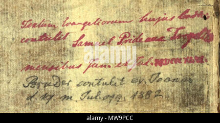 . Inglese: Codex Monacensis, due note su una carta risguardo del libretto, realizzato da Tregelles nel 1846 e Bruder nel 1882 . Decimo secolo. Sconosciuto 135 Cod. Monacensis, due note su carta risguardo del libretto - Tregelles e Bruder Foto Stock
