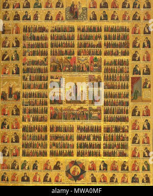 . Inglese: Icona di Chetyi-Minei (calendario di santi).Nel centro è la risurrezione di Cristo circondato da scene da Settimana Santa e le feste del ciclo pasquale. Intorno a loro sono dodici raggruppamenti di santi: uno per ogni mese dell'anno di calendario. In frontiera sono le icone della Theotokos (Madre di Dio), ciascuno dei quali ha un giorno di festa durante l'anno liturgico. Русский: Икона "Минеи на год" (календарь на год) с изображением всех святых, расставленных по своим дням. XVIII-XIX c.?. Sconosciuto 126 Cheryi-minei Foto Stock