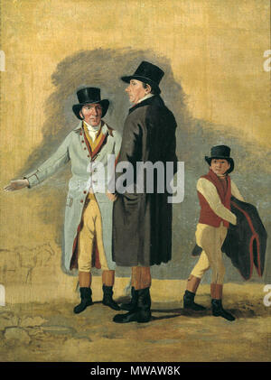 . Inglese: Sir Charles Bunbury (al centro) con il suo allenatore di cavalli Cox e un ragazzo stabile in circa 1801 studio di pittura da Benjamin Marshall. Il lavoro è stato riferito un dipinto preliminare per il successivo lavoro finito' a sorpresa e Eleanor." Eleonora era Bunbury's racemare purosangue che ha vinto il 1801 Epsom Derby e Epsom Oaks, la prima volta che l'impresa era stata compiuta da un mare. circa 1801. Benjamin Marshall (1768-1835) 122 Charles Bunbury e Cox Foto Stock