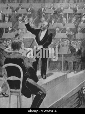 . Français : Charles Lamoureux (1834-1899). "Aux concerti d'hiver, M. Lamoureux à figlio pupitre de chef d'orchestre." inglese: direttore francese Charles Lamoureux (1834-1899). 'M. P. LAMOUREUX sul podio al winter concerti." . Xix secolo. Unattributed. Pubblicato in L'illustré moderne. 123 Charles Lamoureux aux concerti d'hiver Foto Stock