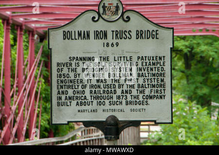 Bollman ferro Ponte di travatura reticolare (1869) segno, Savage Park, Maryland Foto Stock