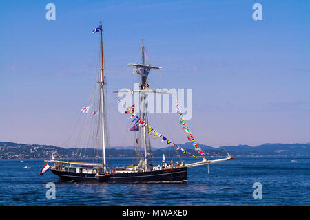 Tall Ships Race Bergen, Norvegia 2014. Dutch topsail schooner Wylde Swan arrivando a Byfjorden, Bergen, Norvegia Foto Stock