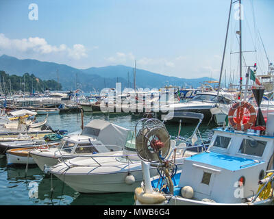 Santa Margherita Ligure, Liguria, Italia - circa giugno 2010: barche da pesca, barche a vela e barche a motore nel porto di uno dei resort più conosciuti sul mercato italiano costa ligure in estate. Foto Stock