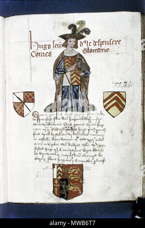 . Inglese: Fondatori e benefattori Libro di Tewkesbury Abbey: Hugh II Despenser, Conte di Gloucester (d. 1326), divenne signore attraverso il matrimonio con Gilbert III la sorella. Un giovane figura in un ruff, indossando un cappello con tre penne del Principe di Galles, piastra di armatura e un manto sopra il suo surcoat araldico; egli detiene un falco sul suo protetto sinistra. Egli era signore il ciambellano di Re Edoardo di Carnarvon. Tre scudi. circa 1525. Sconosciuto 213 Fondatori Libro di Tewkesbury Abbey, telaio 12 Foto Stock