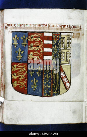 . Inglese: Fondatori e benefattori Libro di Tewkesbury Abbey: (una delle più piccole foglie). Scudo di Edward Principe di Galles, figlio di Enrico VI, ucciso a Tewkesbury 1471. circa 1525. Sconosciuto 213 Fondatori Libro di Tewkesbury Abbey, telaio 23 Foto Stock