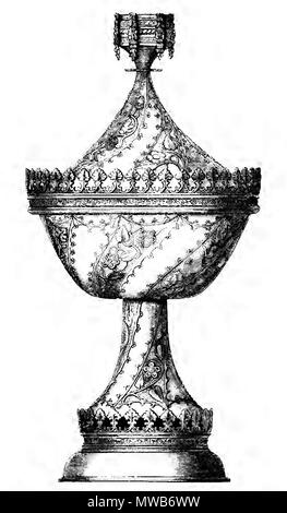 . Incisione della fondatrice' Cup lasciò in eredità al Cristo's College di Cambridge da Lady Margaret Beaufort nel 1507. Finemente incisa in argento-dorato e goffrato con spruzzi di quercia, rose e foglie di vite, l'interno della tazza è smaltata con bracci di Humphrey, duca di Gloucester, fissare i bracci della sua seconda moglie Eleonora Cobham. La coppa date dal 1435-1440 e fu realizzato originariamente per Humphrey. 1881. W. Cripps 213 Fondatrice' Cup Cristo's College Cripps Foto Stock