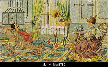 . Français : Audition du ufficiale. Chromolithographie. Inglese: Francia in 2000 anno (XXI secolo). Udito il giornale. La Francia, la carta di credito. Русский: Карточка серии 'Франция в году 2000' - Прослушивание журнала. 1910. Villemard 214 Francia nel XXI secolo. Audio ufficiale Foto Stock