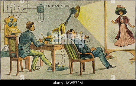 . Inglese: la telefonia video come immaginato nell'anno 2000, come immaginato nel 1910. Da una scheda francese. Français : corrispondenza Cinéma - - fono Télégraphique. Chromolithographie. Русский: Карточка серии 'Франция в году 2000' - 'Передача изображения и звука (кино) по телеграфу." . 1910. Villemard 214 Francia nel XXI secolo. Corrispondenza cinema Foto Stock