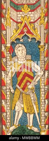 . Čeština: de Clare earl . 1802. "Una delle finestre nel coro di Tewkesbury Abbey Church,' incisione e la puntasecca con colorazione a mano, dall'antiquario britannico Samuel Lysons, dal 'una collezione di antichità del Gloucestershire,' pubblicato da Lysons nel 1852. Finestra mostra quattro pannelli con cavalieri, ogni azienda una spada o lancia. Lo stemma dei de Clare famiglia è visibile su i cavalieri. 432 mm x 274 mm. La cortesia del British Museum di Londra - Samuele Lysons - 1802 156 DeClareearl Foto Stock