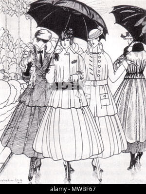 . "È ancora piove', piastra di moda da La Gazette du Bon Ton, 1915, mostra (da sinistra a destra) tailleur da Paquin, Lanvin, e Doeuillet ed un cappotto da Paquin. 1915. Valentino lordo (Madame Jean Hugo) 235 Gazette du Bon Ton piastra moda 1915 PIOGGIA Foto Stock