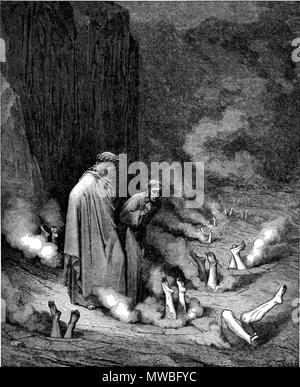 . Scansione ad alta risoluzione di incisione di Gustave Doré che illustra il canto XIX della Divina Commedia, Inferno di Dante Alighieri. Didascalia: Dante risolve il papa Niccolò III . Il 31 gennaio 2008. scansione, post-elaborati e caricati da Karl Hahn 174 DvinfernoPopeNicholasIII m Foto Stock