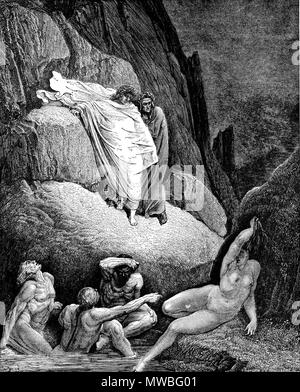 . Scansione ad alta risoluzione di incisione di Gustave Doré che illustra il Canto XVIII della Divina Commedia, Inferno di Dante Alighieri. Didascalia: Virgilio mostra Dante l'ombra di Thaïs . Il 31 gennaio 2008. scansione, post-elaborati e caricati da Karl Hahn 174 DVinfernoShadeOfThais m Foto Stock