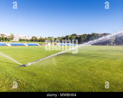Irrigazione sprinkler a erba verde campo nel campo di calcio / Soccer Stadium Foto Stock
