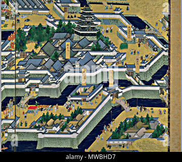 . Inglese: Vista di Edo, schermo sinistro. coppia di sei-pannello schermi di piegatura (XVII secolo). In alto al centro del primo pannello,dello schermo a sinistra enciente centrale del castello di Edo, torre di castello, Bairinzaka, Hirakawaguchi Gate. Il XVII secolo. Questa coppia di sei schermate del pannello raffigurante la città di Edo (Tokyo) e i suoi sobborghi e le realizzazioni dei Tokugawa Iemitsu (il terzo shogun) fornisce un raro materiale storico per l'inizio periodo Edo. Ci sono diverse teorie riguardo la data della loro creazione. Ogni schermo misura 162,5 x 366.0 cm. 177 Edo l12 Foto Stock