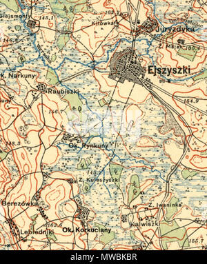 . 1926 mappa della Polonia orientale mostra città di Ejszyszki con i suoi dintorni tra cui frazione di Korkuciany dove famiglie ebraiche sono stati liberati dai poli tra maggio 1942 e luglio 1944 . prima di 1926. Parte di tattiche di mappa di Polonia, Instytut Wojskowo-Geograficzny 181 Ejszyszki-Korkuciany-1926-Polonia Foto Stock