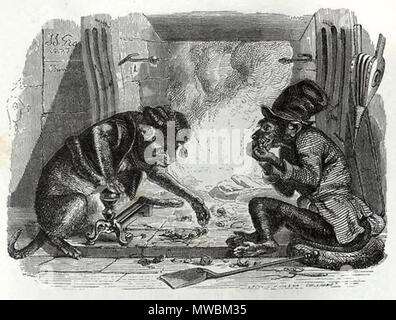 . Inglese: J.J.Grandville dell'illustrazione di 'Le Lo Strinare et le chat', dal 1855 edizione di Les Fables de La Fontaine . 1855. J.J.Grandville Grandville 252 Lo Strinare Foto Stock