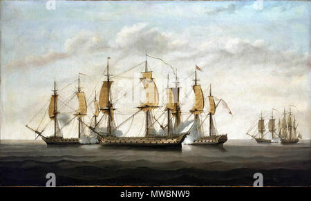 . Inglese: Impegno tra tre East Indiamen e due navi francesi, 8 marzo 1757 . Il XVIII secolo. Dunn, Lawson 190 impegno tra tre East Indiamen e due navi francesi, 8 marzo 1757 Foto Stock