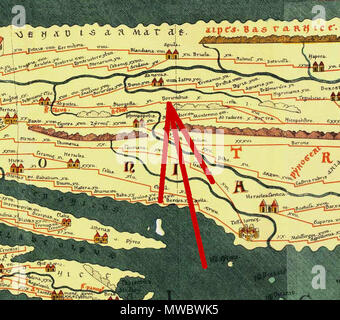 . Inglese: intaglio dalla Tabula Peutingeriana, 1-4secolo CE. Edizione Facsimile da Conradi Millieri, 1887/1888; la freccia rossa mostra Tabula Peutingeriana posti nella moderna Bulgaria; sulla mappa: Doriones o Dorionibus; nella moderna Bulgaria: villaggio Doyrentsi Deutsch: Ausschnitt aus der Tabula Peutingeriana; Orte und Stationen auf der Tabula Peutingeriana im heutigen Bulgarien; der rote Pfeil auf der Karte zeigt: Doriones ODER Dorionibus; im heutigen Bulgarien: Dorf Dojrenzi Български: Изрез от Пойтингеровата карта; Места на Пойтингеровата карта намиращи се в днешна България; червенате стрела на ка Foto Stock