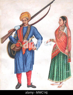 . Inglese: 'bramino e moglie da S. W. India Kerala' * 'sposa e lo Sposo Mysore' * 'centro occidentale del Tempio di Mysore sacerdote' * 'cortigiano e moglie Mogul Periodo' * 'Gypsy moglie e Fortune Teller India del Nord' * 'India Nordovest - Il Punjab, Mogul e moglie'* 'Soldier e moglie Province Centrali India' * 'sarto e moglie'* otto gouache dipinti, ha detto di essere da 'c.1800", apparentemente parte di un album Fonte: ebay, luglio 2007 . 1880. Sconosciuto 662 Zsoldier Foto Stock