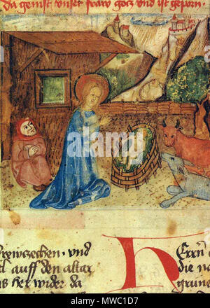 . Inglese: Questa immagine mostra la nascita di Gesù Cristo in 'la vita della Vergine Maria da Philipp da Seitz, Grazer germe di frammento. 7. 2012. Originariamente Philipp da Seitz intorno al 1300, anche se non è sicura di chi ha scritto questo frammento 252 Grazer Frag. Germ. 7 Krippenidylle Foto Stock