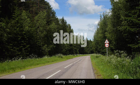 Cartello stradale di avvertimento del pericolo di curva a destra e firmare alcun passante sulla strada nella foresta. Foto Stock