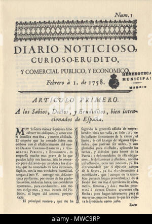 . Français : une du premier numéro du Diario noticioso, curioso, erudito y comercial, político y económico, qui deviendra le Diario de Madrid, du 1er février 1758. Español: Primera pagina del primer numero del Diario noticioso, curioso, erudito y comercial, político y económico que se convertira mas tarde en el Diario de Madrid, del 1ero de febrero del 1758. Inglese: Frontpage del primo numero del Diario noticioso, curioso, erudito y comercial, político y económico che diventerà più tardi il Diario de Madrid (1 febbraio 1758). Il 20 maggio 2014, 19:56:52. Prima pagina di un giornale pri Foto Stock