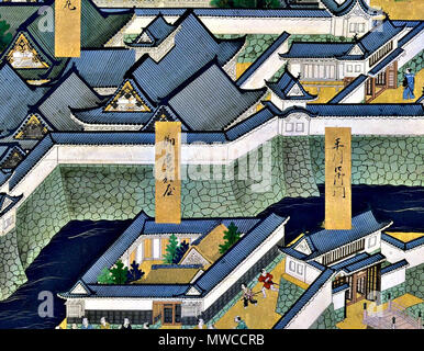 . 'Vista di Edo' (Edo zu) coppia di sei-pannello schermi di piegatura (XVII secolo). In alto al centro del primo pannello a sinistra dello schermo. Enciente centrale del castello di Edo, torre di castello, Bairinzaka, Hirakawaguchi Gate. Il XVII secolo. Sconosciuto 177 Edo l125 Foto Stock