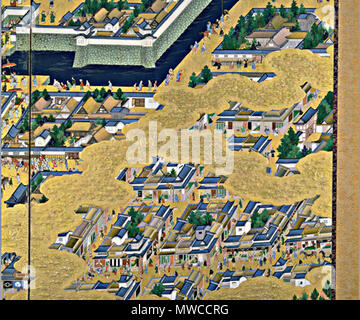 . Inglese: Vista di Edo, schermo sinistro. coppia di sei-pannello schermi di piegatura (XVII secolo). In alto al centro del primo pannello,Schermo sinistro terzo enciente del castello di Edo,Kanda,mercantile del negozio a Edo. Il XVII secolo. Questa coppia di sei schermate del pannello raffigurante la città di Edo (Tokyo) e i suoi sobborghi e le realizzazioni dei Tokugawa Iemitsu (il terzo shogun) fornisce un raro materiale storico per l'inizio periodo Edo. Ci sono diverse teorie riguardo la data della loro creazione. Ogni schermo misura 162,5 x 366.0 cm. 177 Edo l13 Foto Stock