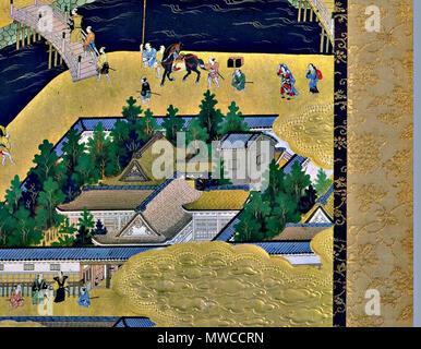 . 'Vista di Edo' (Edo zu) coppia di sei-pannello schermi di piegatura (XVII secolo). In alto al centro del primo pannello a sinistra dello schermo. Enciente centrale del castello di Edo, torre di castello, Bairinzaka, Hirakawaguchi Gate. Il XVII secolo. Sconosciuto 177 Edo l129 Foto Stock