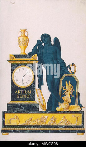 . Inglese: Design del Genio delle Arti" francesi in stile impero di clock mantel. Officina del rinomato bronzier Pierre-Philippe Thomire. Penna, Pennello e inchiostro di China, acquarello e tempera. 48.2x30 cm Francia. Prima di 1812. Fonte di entrata: primo ramo dello Stato Museo Hermitage (ex museo di Stieglitz scuola). 1926 . circa 1810. Sconosciuto 186 Impero schizzo di orologio Foto Stock