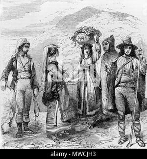 . Inglese: cinque persone in abito tradizionale sulla montagna, in Sicilia, Italia. 1873. Harper's mensile siciliano 556 tipi e costumi Foto Stock