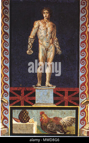 . Italiano: Statua di pugile con natura morta con gallo e pigna è onu mosaico (cm 109 x 128) ampiamente restaurato, rinvenuto nella zona vesuviana, attualmente esposto a Napoli nel Museo Archeologico Nazionale (inv. nr. 10010). Inglese: Fist fighter. Mosaico romano (in pasta di vetro) da Pompei. Museo Archeologico Nazionale Napoli Deutsch: Faustkämpfer. Römisches Mosaik (Glasspaste) aus Pompei. Museo Archeologico Nazionale (Neapel) . WolfgangRieger 209 Fist Fighter - Uomo Foto Stock