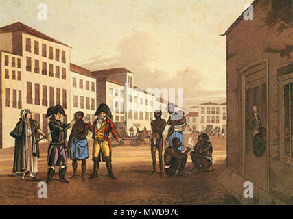 . Português: O Mercado de Escravos, gravura em metallo (exata 1822). 19,6 x 28,3 cm Museus Castro Maya. Il Museu da Chácara do Céu, Rio de Janeiro. 1822. Henry Chamberlain (1796-1844) 273 Henry Chamberlain - O Mercado de Escravos Foto Stock