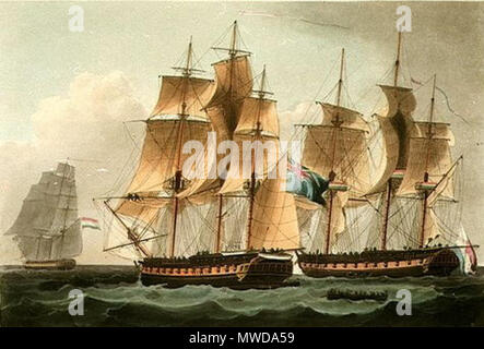 . Inglese: Incisione di un dipinto di HMS Sirius catturare le navi olandesi Furie e Waakzaamheid, 24 ottobre 1798, creato 1 ottobre 1816. 1 ottobre 1816. Thomas Whitcombe (artista) & Thomas Sutherland (incisore) 280 HMS Sirius vs Furie, 1798-b Foto Stock