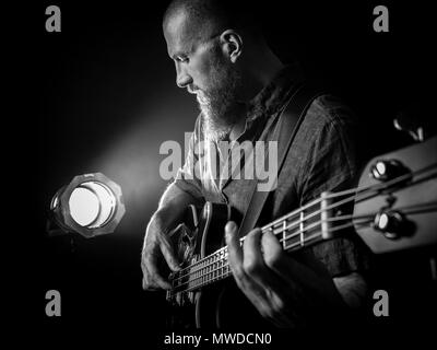 Foto di un uomo barbuto suonare chitarra basso sul palco di fronte a faretti. Foto Stock