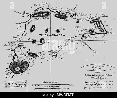 . Inglese: mappa tracciata dai funzionari di corvette O' Higgins, nel gennaio 1870. La mappa è stata tracciata dalla natura da Delabaude. Questa mappa mostra la divisione dell'isola in distretti e la linea tratteggiata indica il percorso effettuato dai funzionari della Durance. 11 novembre 2012, 21:42:49. Gli ufficiali del cileno corvette O'Higgings (1866) 300 Isla de Pascua-3 Foto Stock