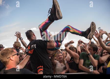 01 giugno 2018, Germania, Norimberga: sicurezza rimuovere una ventola dalla folla mentre la banda "luogo contro l' esegue presso il festival di musica 'Rock im Park", che durerà fino al 03 giugno 2018. Foto: Nicolas Armer/dpa Foto Stock