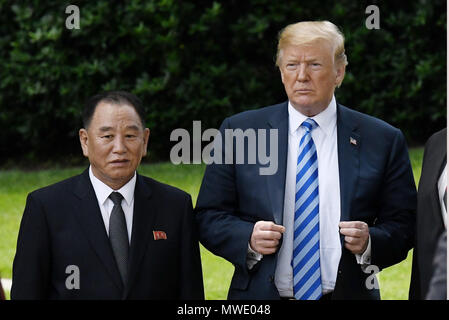 Washington, Stati Uniti d'America. Dal 01 Giugno, 2018. Il presidente statunitense Donald Trump stand con Kim Yong Chol, ex nord coreano di intelligence militare e capo uno dei leader Kim Jong delle Nazioni Unite più stretti collaboratori, sul prato Sud della Casa Bianca a Washington venerdì 1 giugno 2018. Credito: Olivier Douliery/Piscina via CNP | Utilizzo di credito in tutto il mondo: dpa/Alamy Live News Foto Stock