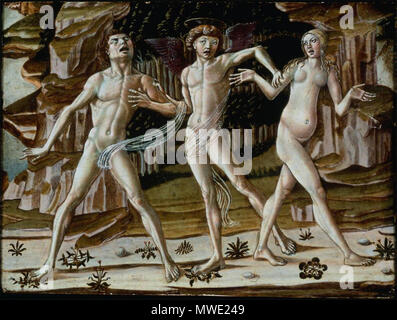. Inglese: Creatore: Benvenuto di Giovanni di Meo del Guasta; (Italiano) senese, 1436-circa 1518, Europeo; Sud europeo; Italiano; Senesi; Data: 1470s; Materiale: Tempera su pannello; misurazioni: 25,7 x 34,6 cm (10 1/8 x 13 5/8 in.); Repository: Museo delle Belle Arti di Boston; Boston, Massachusetts, USA; Charles Potter Kling fondo; 56.512; http://www.mfa.org/ . 1470s. Benvenuto di Giovanni 200 Cacciata dal Paradiso Foto Stock